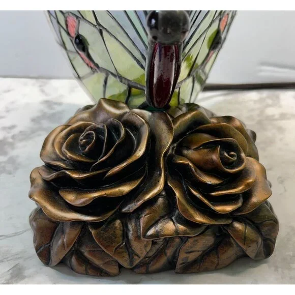 Tiffany Style Butterfly Accent Lamp Night Light Vintage Slag Glass Rose Base - Picture 7 of 16